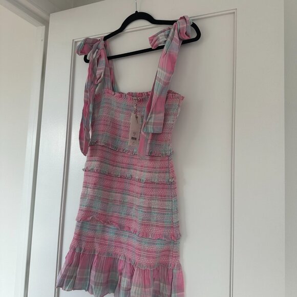 NWT LoveShackFancy Belle Mini Dress Pink Plaid Large Tie Shoulder Straps Smocked - Picture 4 of 10